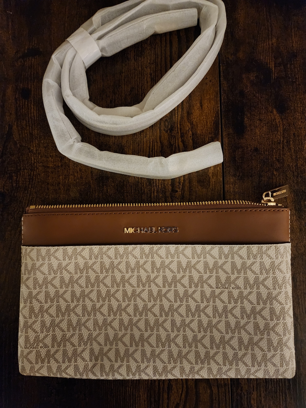 Michael Kors Beige & Brown MK Signature Crossbody Pouch